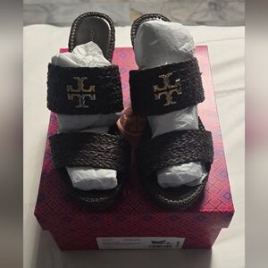 Tory Burch Black Woven Wedges